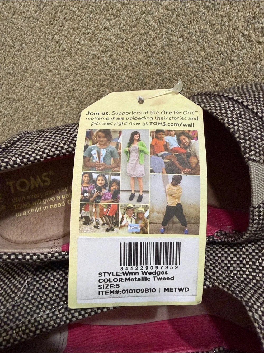 TOMS Stella cork wedge heel size 5 brown gold herringbone tweed peep toe